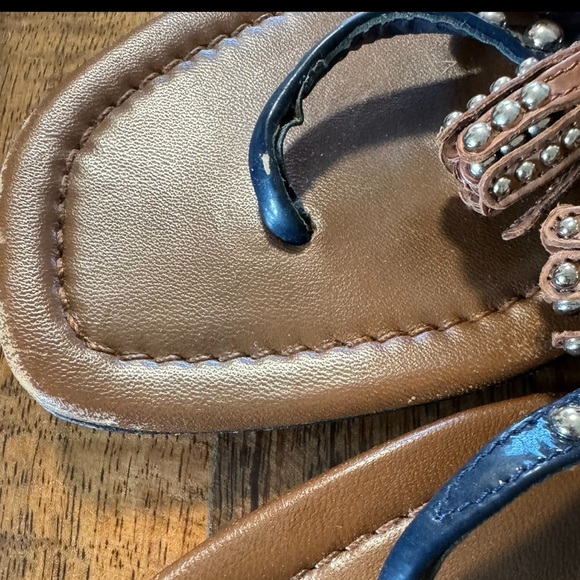 PRADA Blue Patent Leather & Brown Leather Tassel & Studded T-Strap Sandals 39 - Picture 4 of 9